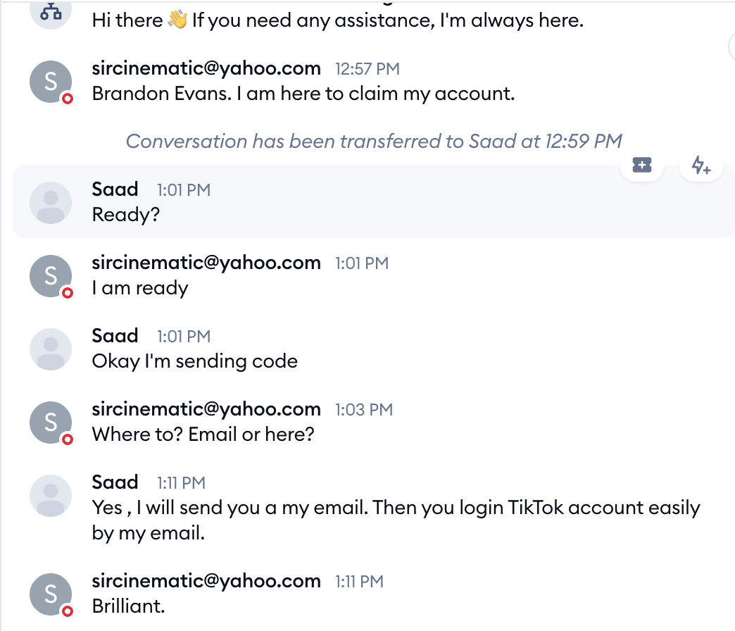 Discord conversation showing a customer claiming their TikTok account with support assistance