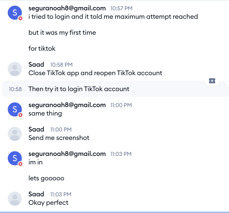 Discord conversation showing successful TikTok account troubleshooting and login