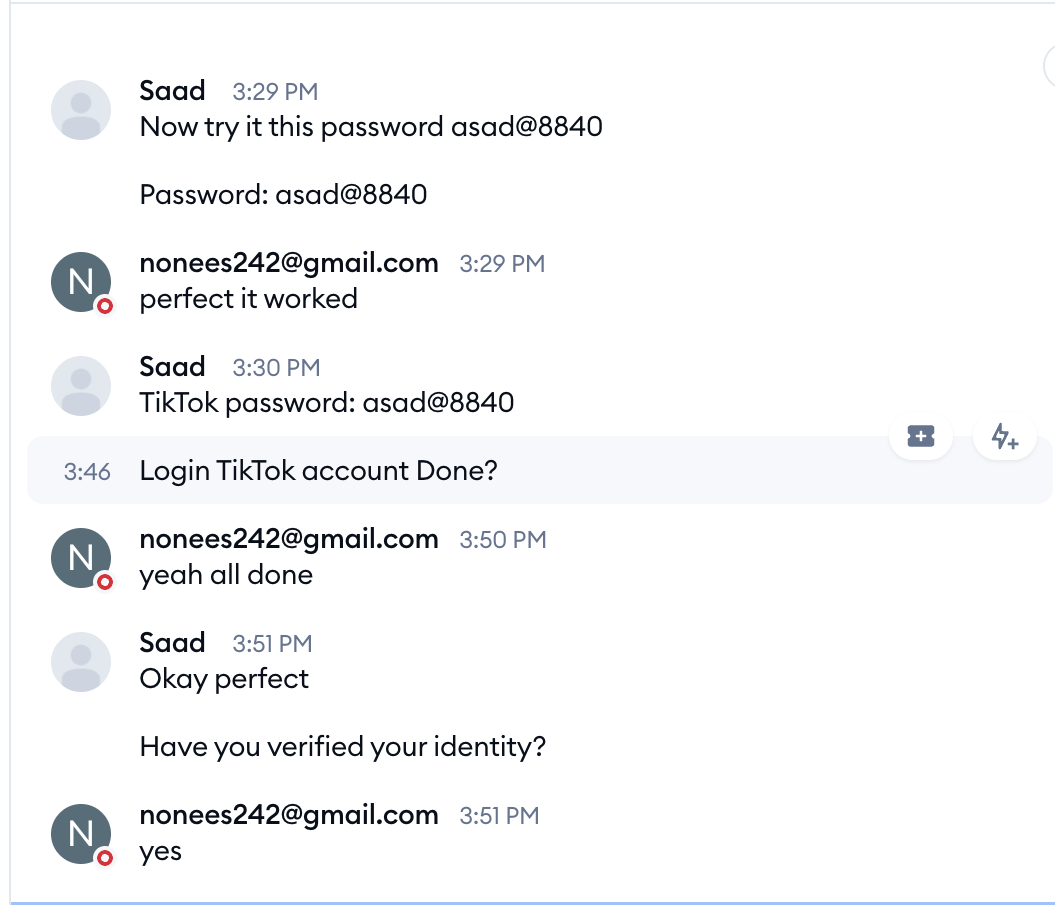 Discord conversation showing TikTok account login and identity verification
