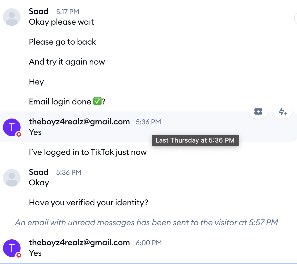 Discord conversation showing successful TikTok account login and identity verification